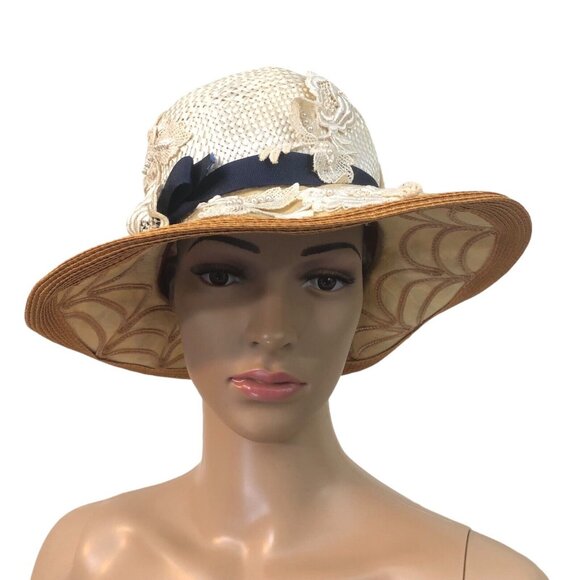 Vintage 1960S/70S Cream Tan Laurel Lace Appliqué Woven Sun Hat - Picture 3 of 10